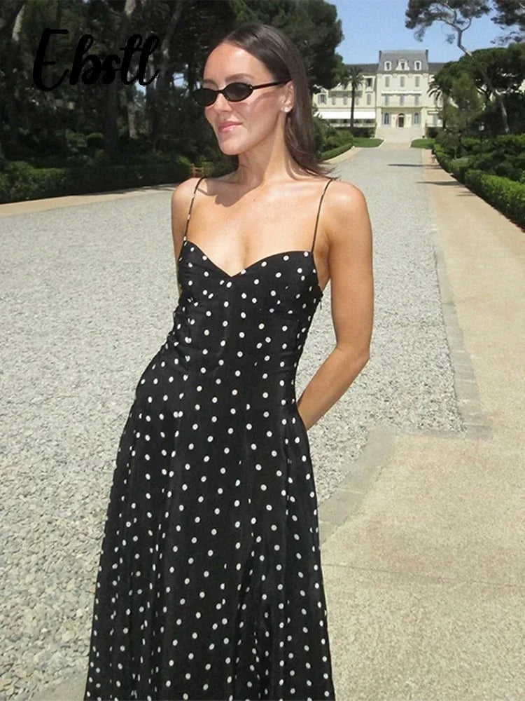 Dot Print Strapless Long Dress Women Retro V-neck Sleeveless Backless High Waist Dresses
